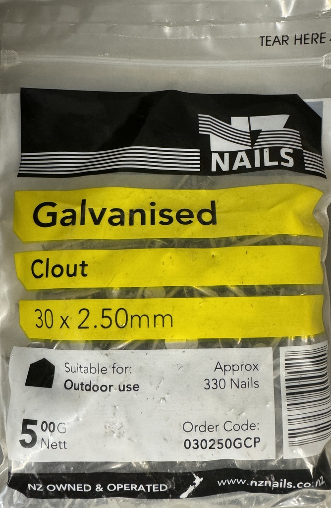 NAIL 500g  30 x 2.50mm  GALV CLOUT